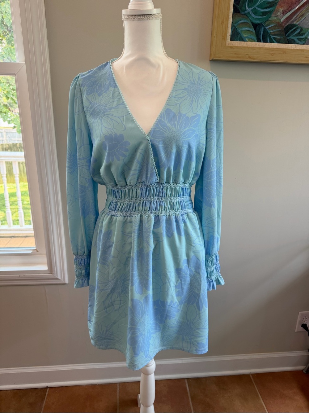 Wayf Sky Blue Floral V-Neck Long Sleeve Smocked Waist Dress